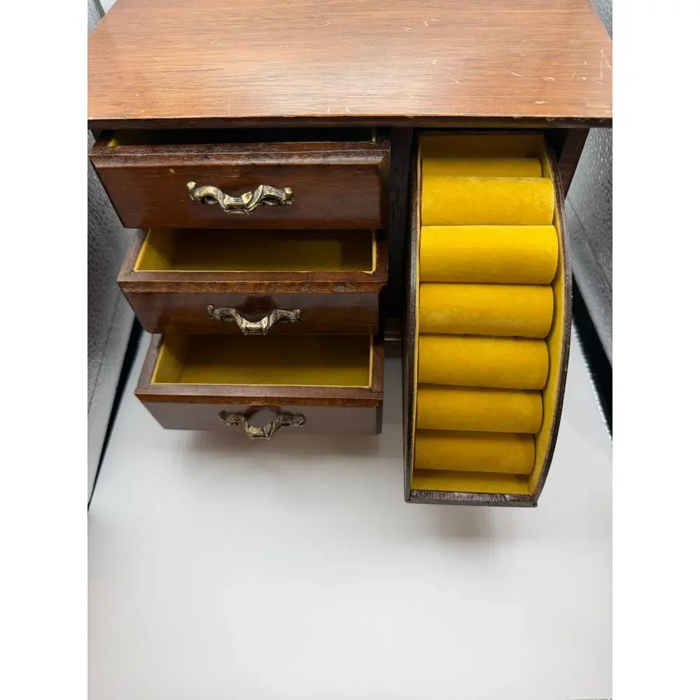 Vintage Wooden Jewelry Box Armoire Chest 3 Drawers Ring Roll Cabinet Organizer